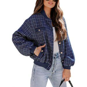Womens Navy Fashion Plaid Jacket 2024 Fall Winter Button Short Cropped Trendy